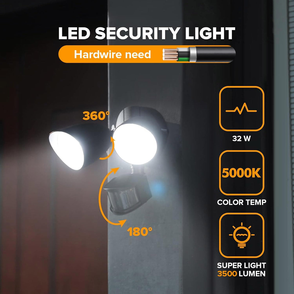 32W Black Motion‑Sensor Security Flood Ligh
