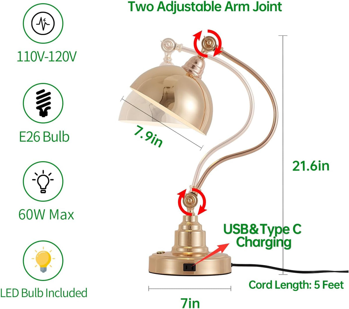 Touch Control French Gold Swing Arm Desk Lamp