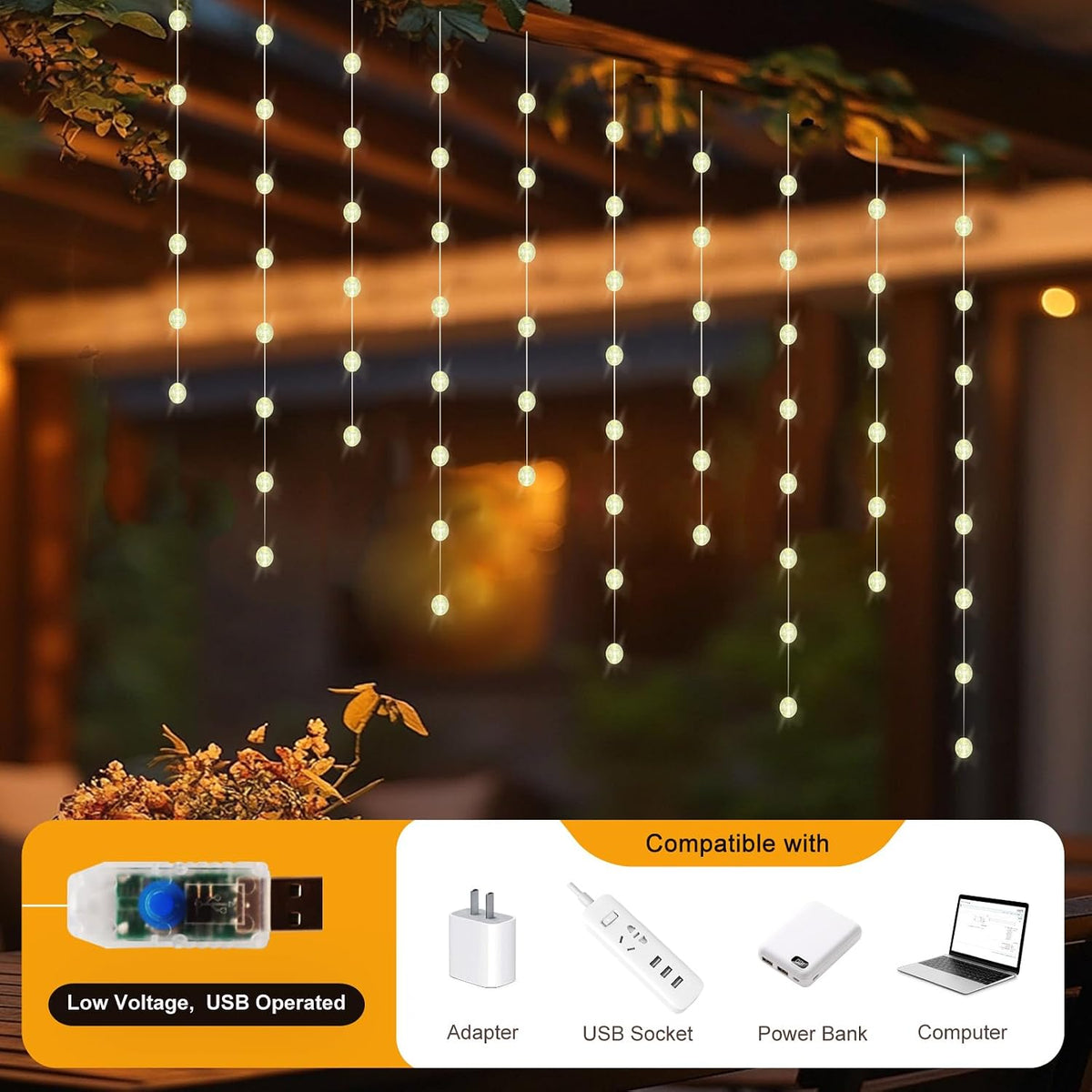 70‑Ball Warm White Curtain Lights with Remote