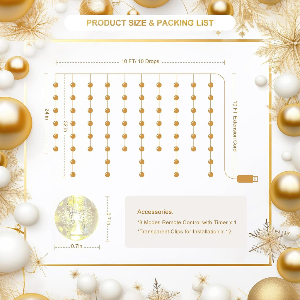 70‑Ball Warm White Curtain Lights with Remote