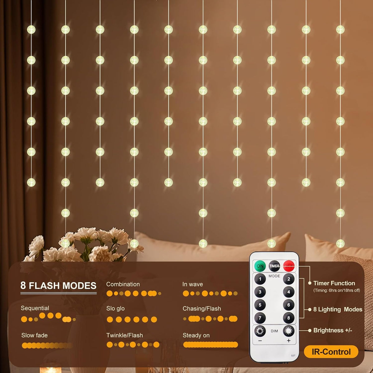 70‑Ball Warm White Curtain Lights with Remote