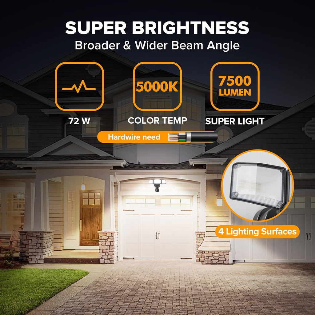 72W 3‑Head Motion‑Sensor Security Flood Lights