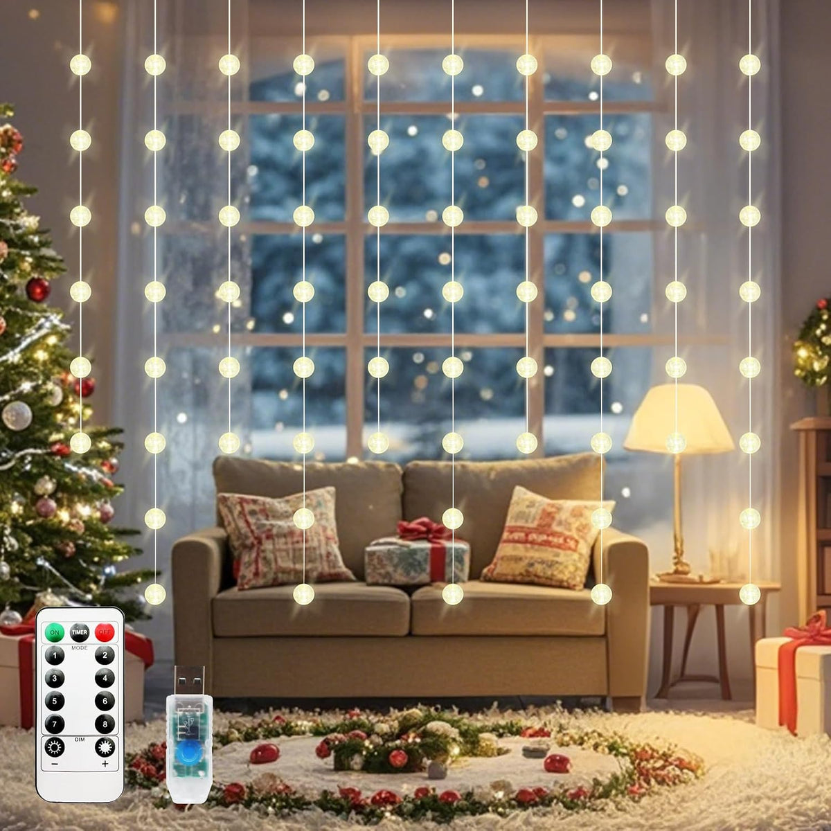 70‑Ball Warm White Curtain Lights with Remote