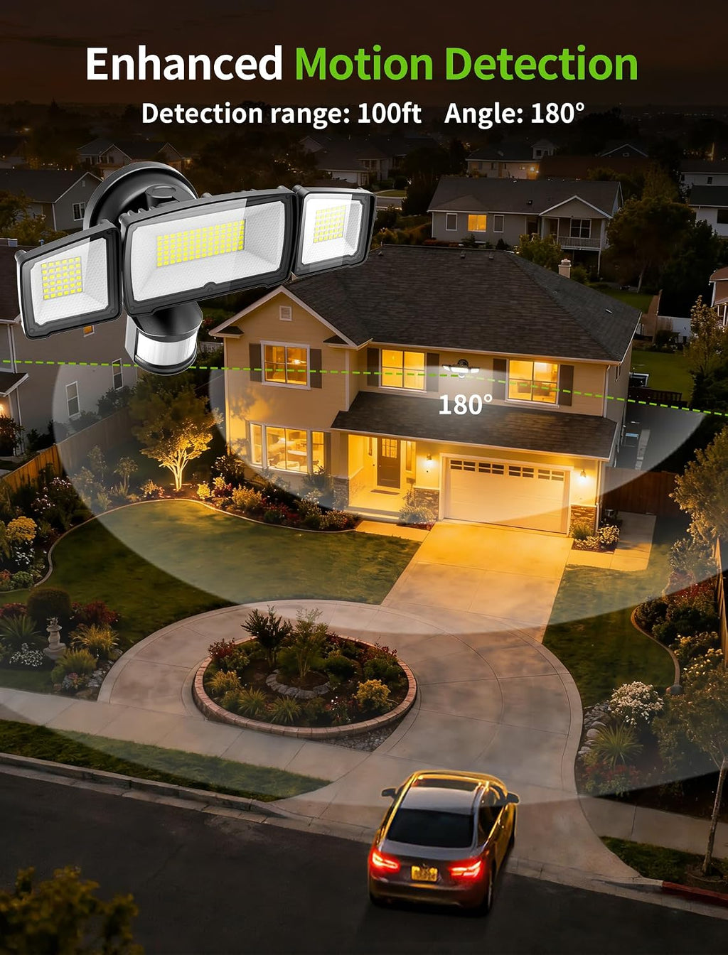 100W 3‑Head Motion Sensor Security Flood Lights