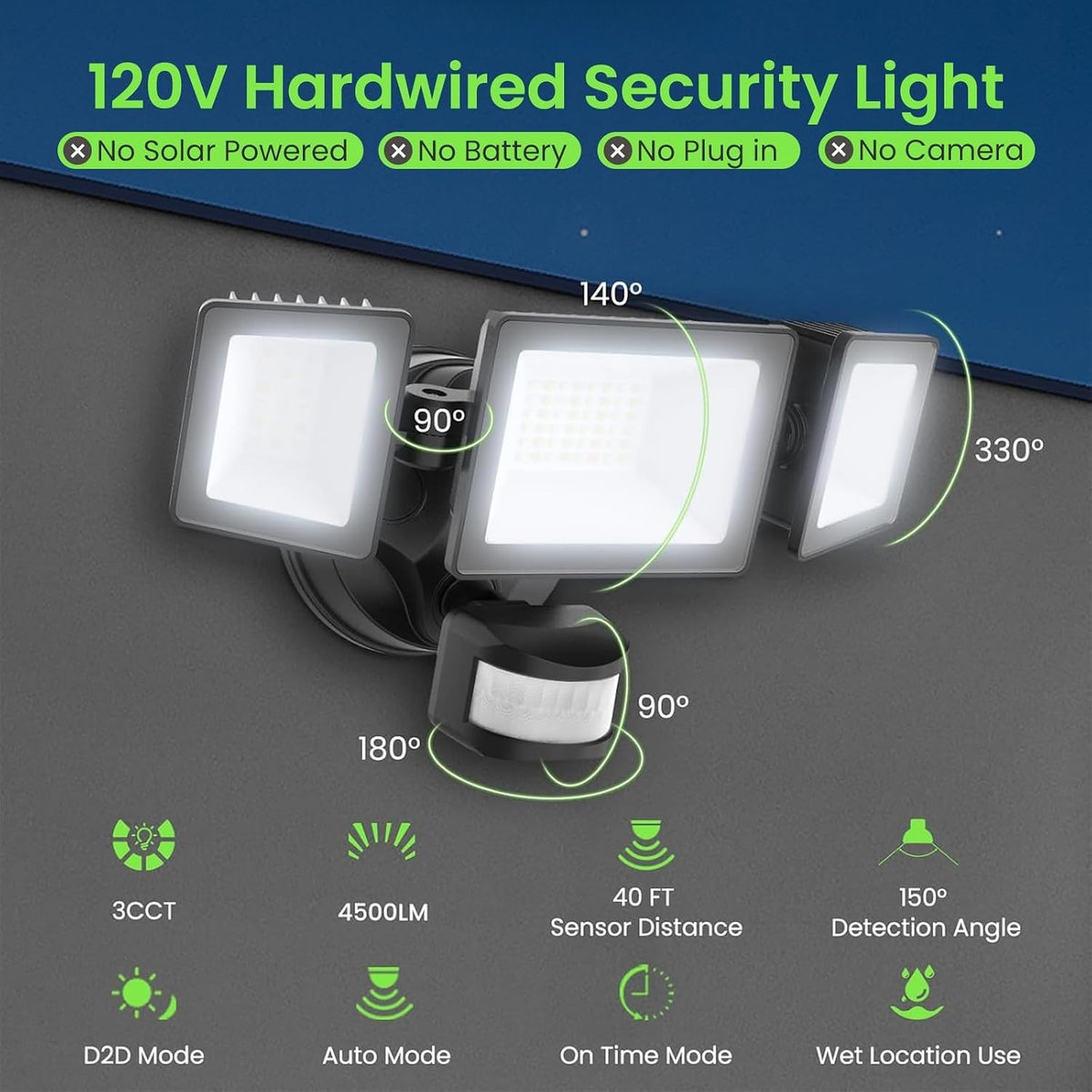 40W Black 3CCT Motion‑Sensor Security Light